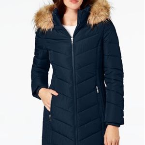 Faux-Fur-Trim Hooded Chevron Puffer Coat